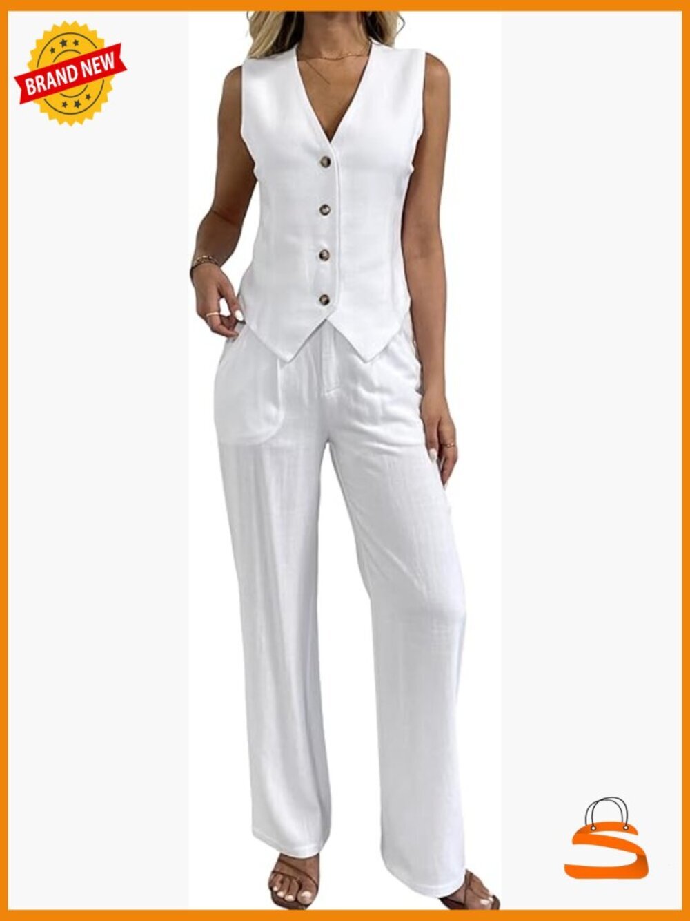 Women's Cotton Linen 2 Piece Set Sleeveless Crop Top Vest Wide Leg Pants Suit